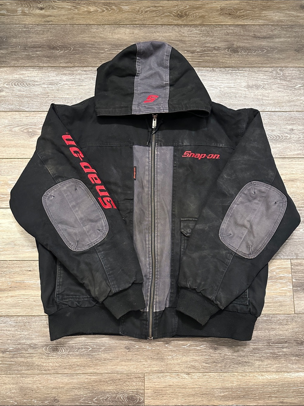 Vintage Snap On Workwear Jacket Black Gray Spell Out Automotive Apparel XL Y2K